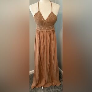 Crochet Halter Dress in Tan